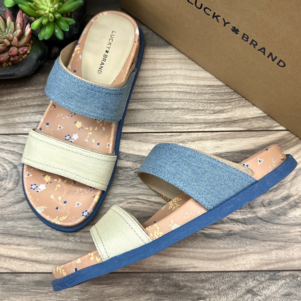 NIB Lucky Brand Paimee Double Two Strap Slide Sandal Stucco/Acid Denim 8M